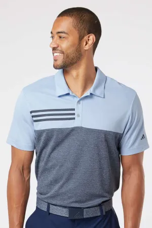 Adidas Mens 3 Stripes Colorblock UPF 50  Short Sleeve Polo Shirt - Glow Blue Heather/Heather Collegiate Navy Blue - Closeout