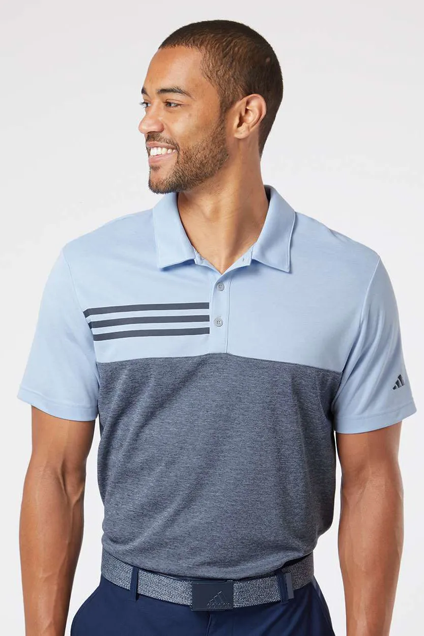 Adidas Mens 3 Stripes Colorblock UPF 50  Short Sleeve Polo Shirt - Glow Blue Heather/Heather Collegiate Navy Blue - Closeout