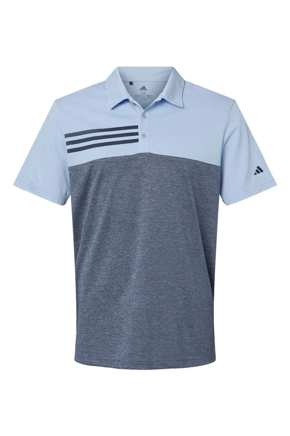 Adidas Mens 3 Stripes Colorblock UPF 50  Short Sleeve Polo Shirt - Glow Blue Heather/Heather Collegiate Navy Blue - Closeout