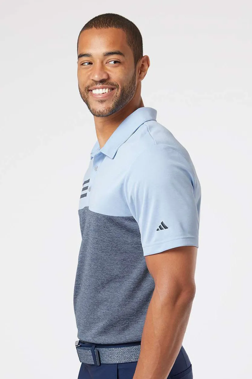 Adidas Mens 3 Stripes Colorblock UPF 50  Short Sleeve Polo Shirt - Glow Blue Heather/Heather Collegiate Navy Blue - Closeout