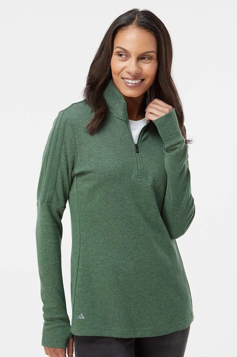 Adidas Womens 3 Stripes Moisture Wicking 1/4 Zip Sweater - Green Oxide Melange