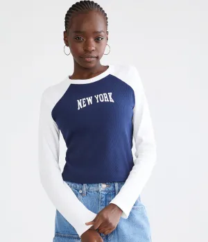 Aeropostale Womens' Long Sleeve New York Raglan Graphic Tee - Navy Blue - Size XXL - Cotton - Teen Fashion & Clothing Naval Blue Aeropostale