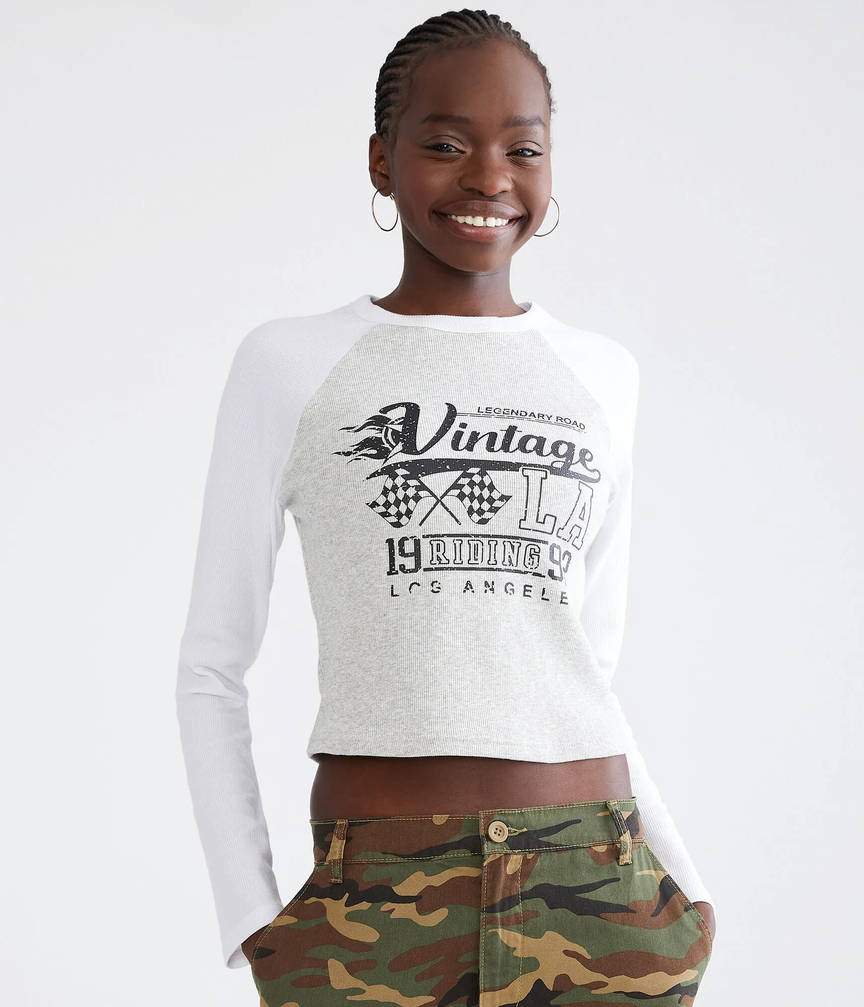 Aeropostale Womens' Long Sleeve Vintage LA Raglan Graphic Tee -  - Size M - Cotton - Teen Fashion & Clothing Grey Aeropostale