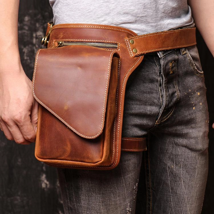 Brown MENS LEATHER FANNY PACK FOR MEN Coffee Drop Leg Bag BUMBAG WAIST BAGS
