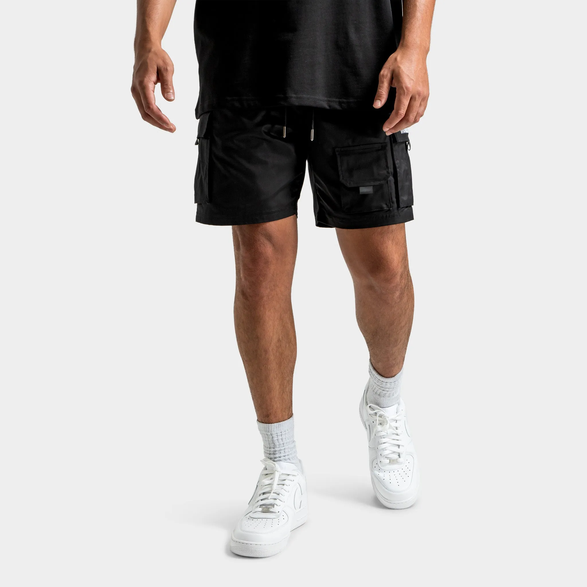 Mens Hoodrich Hoodrich Defense Woven Cargo Shorts Black / White - Cyber Yellow