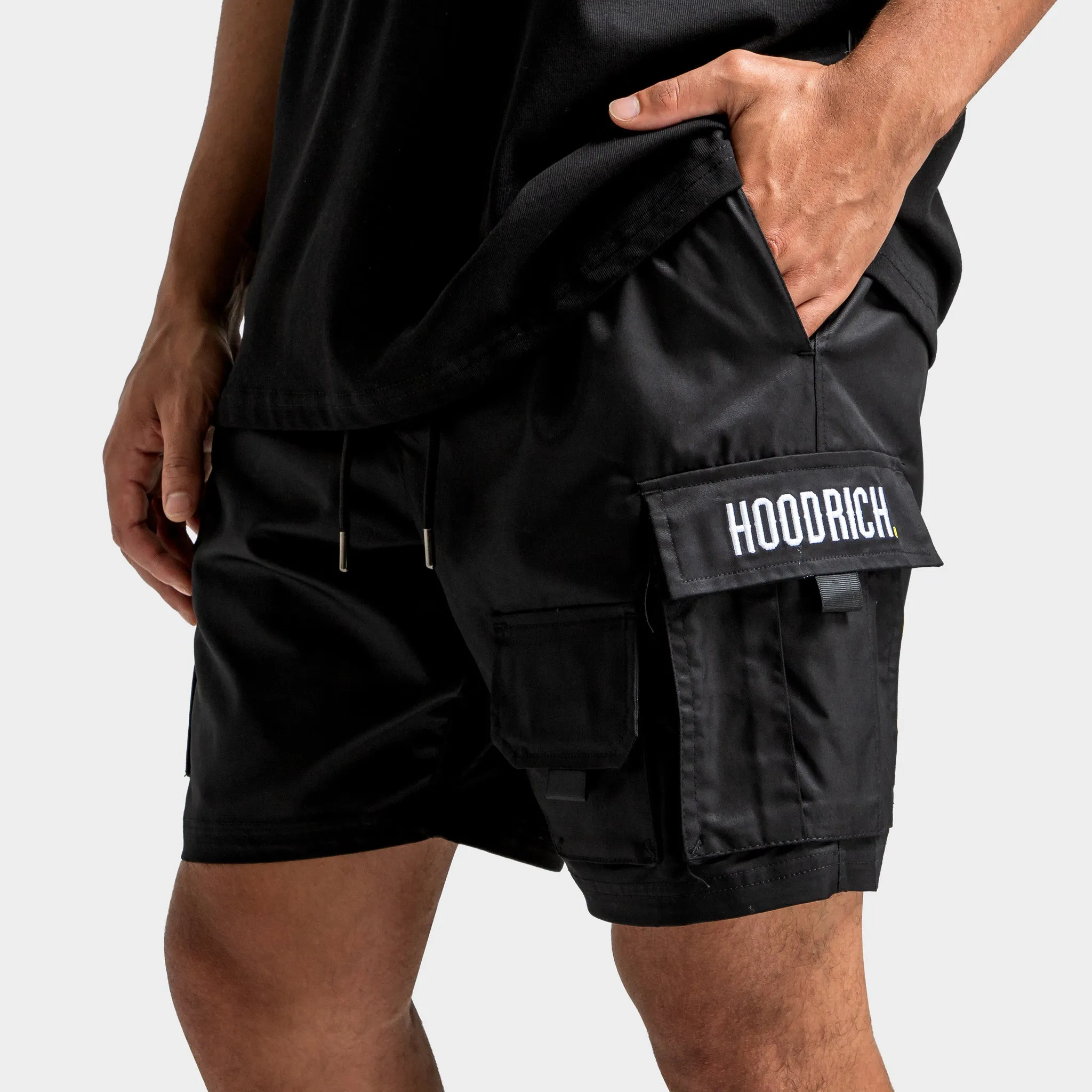 Mens Hoodrich Hoodrich Defense Woven Cargo Shorts Black / White - Cyber Yellow