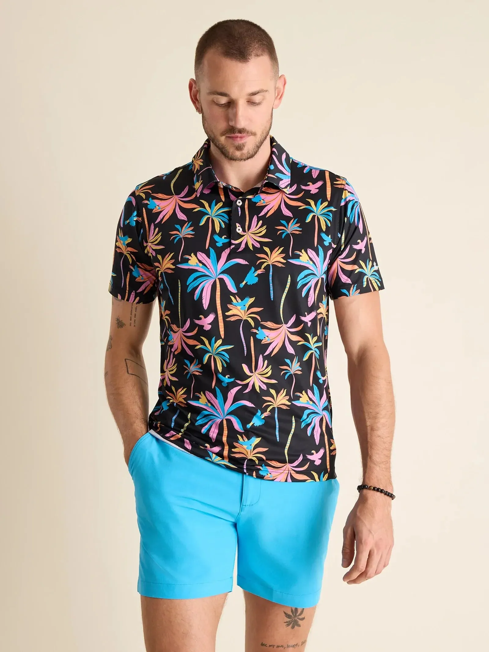 Mens Johnnie-O Chubbies The Black Light Night Performance Polo Shirt - Black - Pattern Base (Plaids)