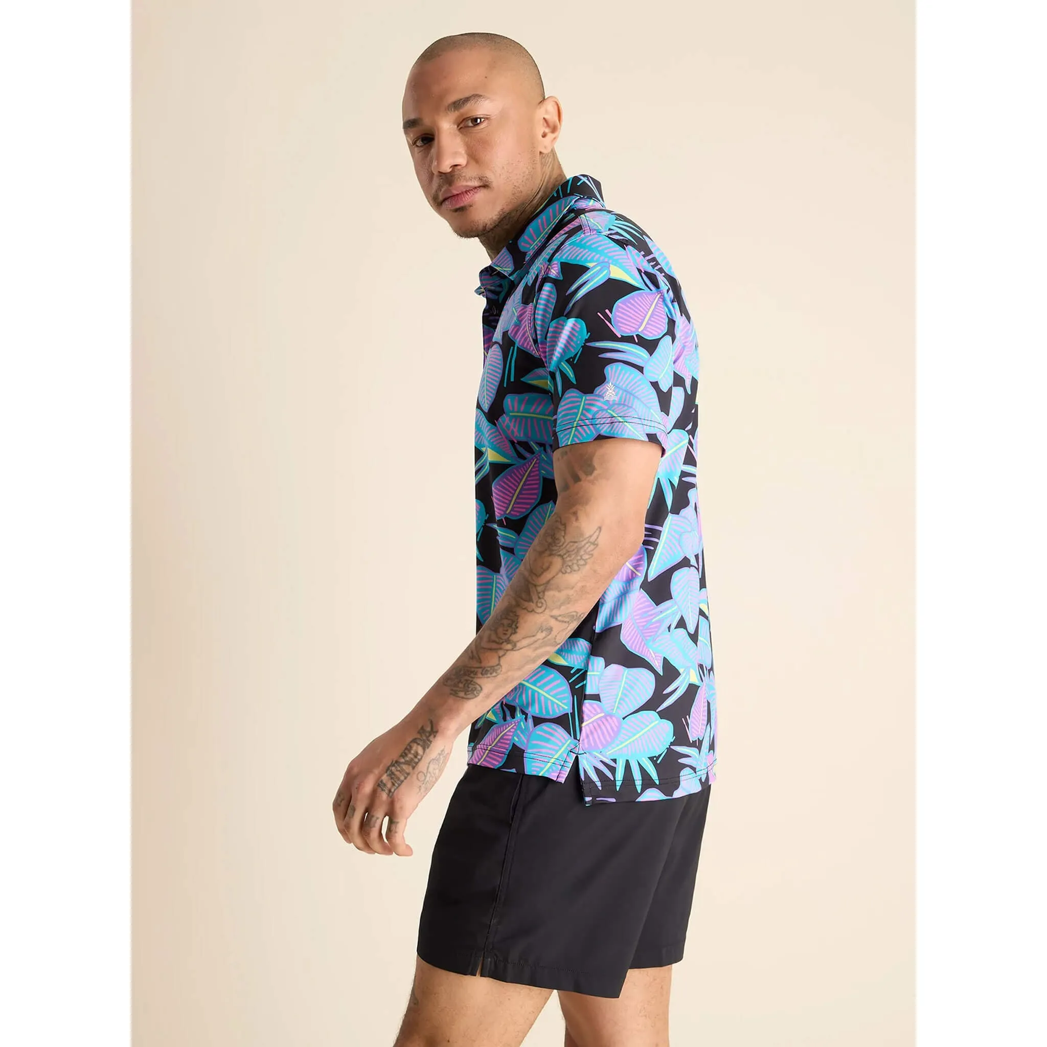 Mens Johnnie-O Chubbies The Fluorescent Funk Performance Polo Shirt - Black - Pattern Base (Plaids)