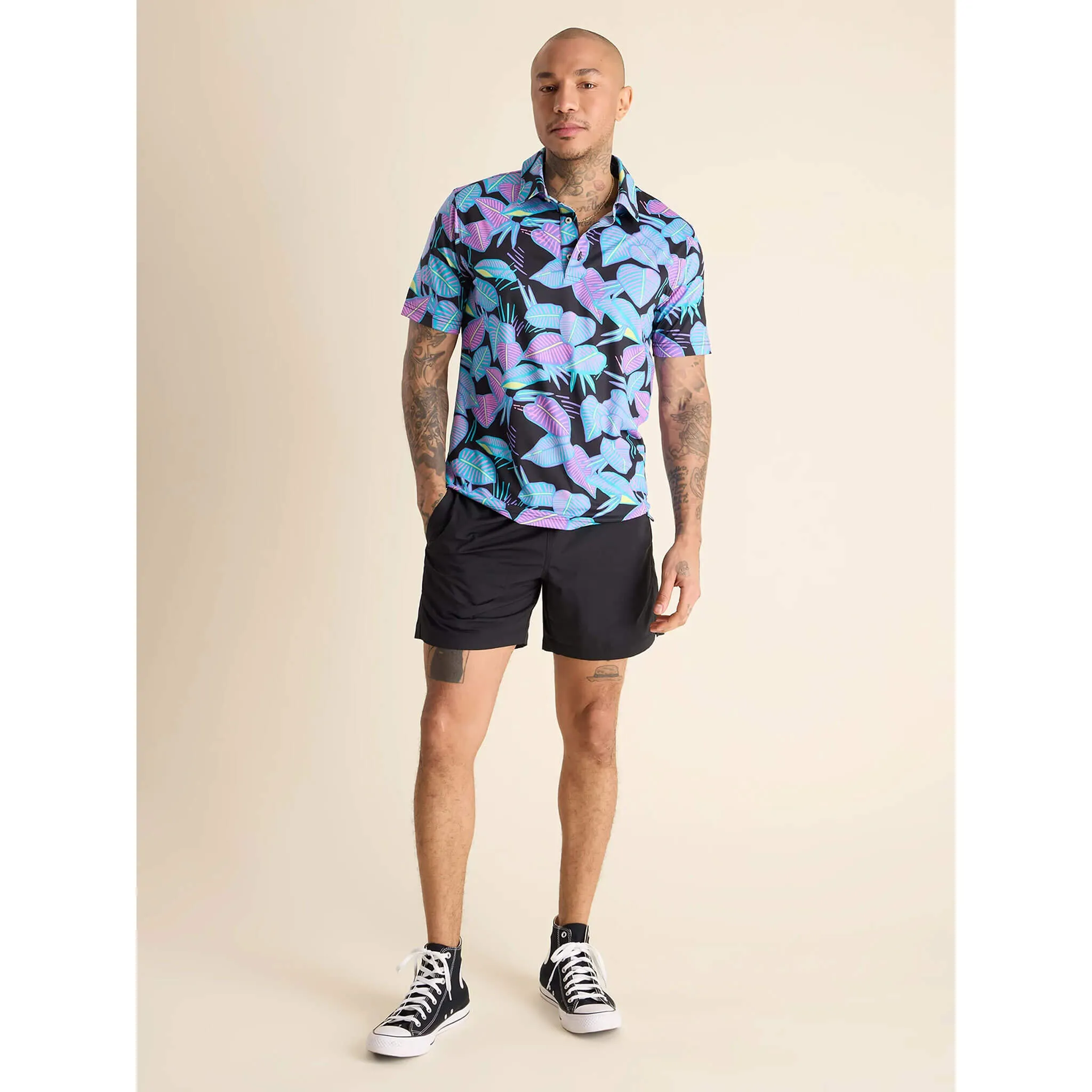 Mens Johnnie-O Chubbies The Fluorescent Funk Performance Polo Shirt - Black - Pattern Base (Plaids)