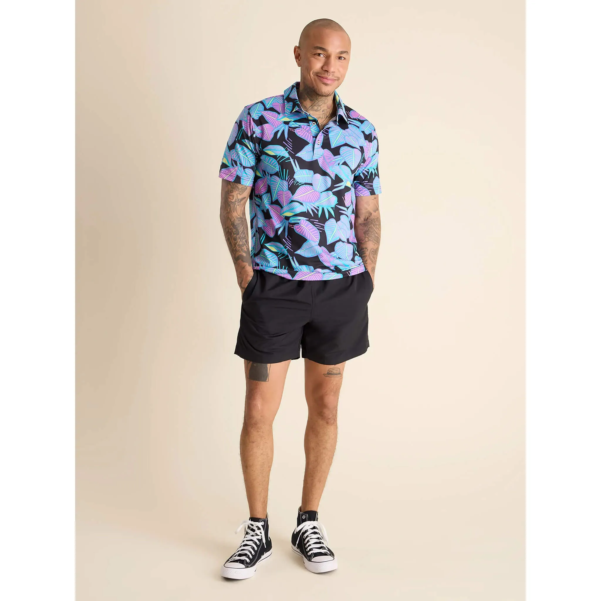 Mens Johnnie-O Chubbies The Fluorescent Funk Performance Polo Shirt - Black - Pattern Base (Plaids)