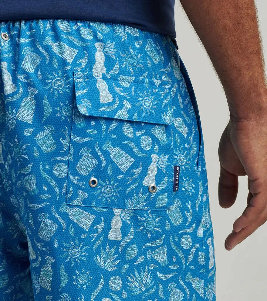 Mens Peter Millar Peter Millar Men's 7-Inch Saltwater Spirits Swim Trunks - Blue Macaw