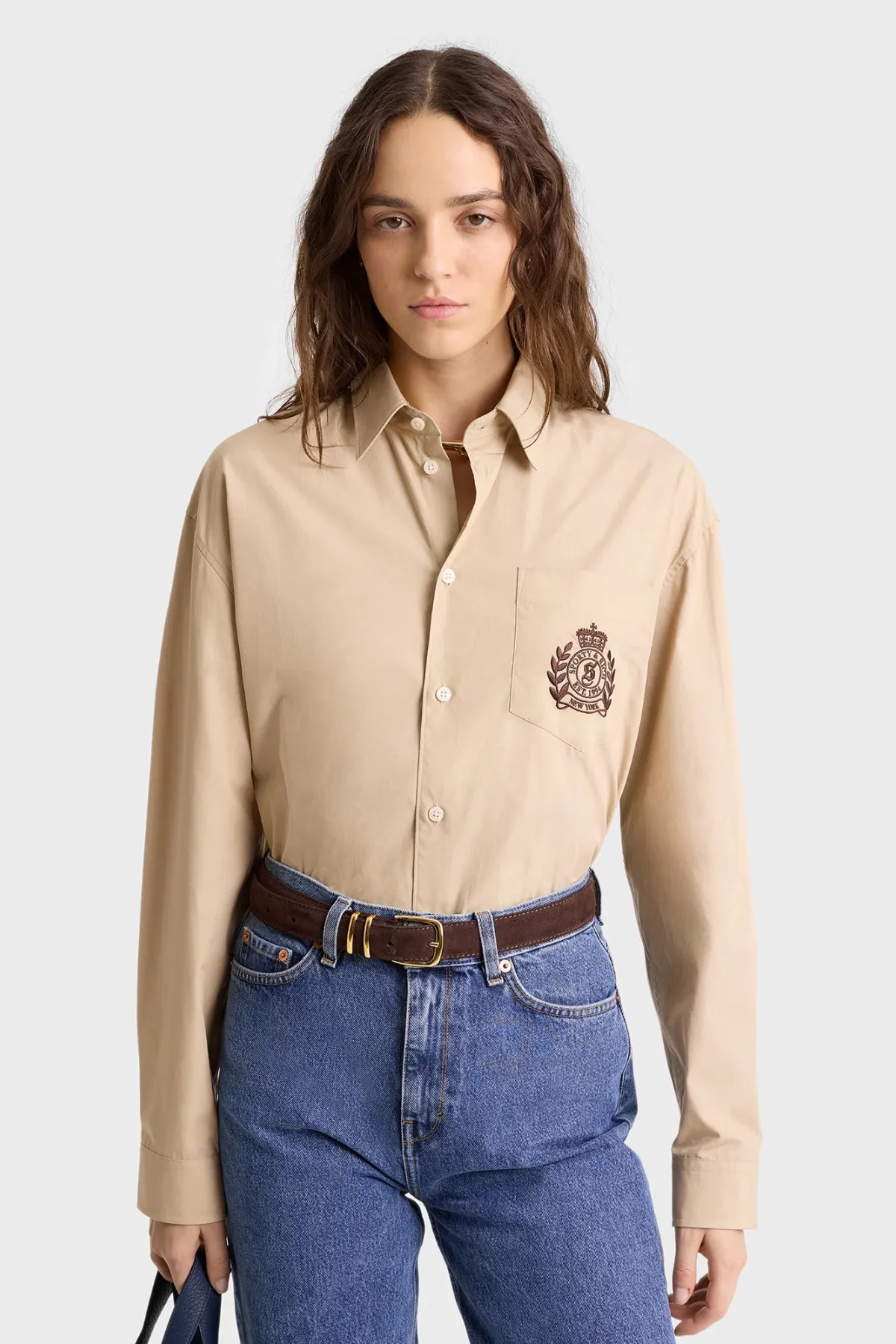 Womens Sporty & Rich H&W Crest Oversized Shirt - Light tan