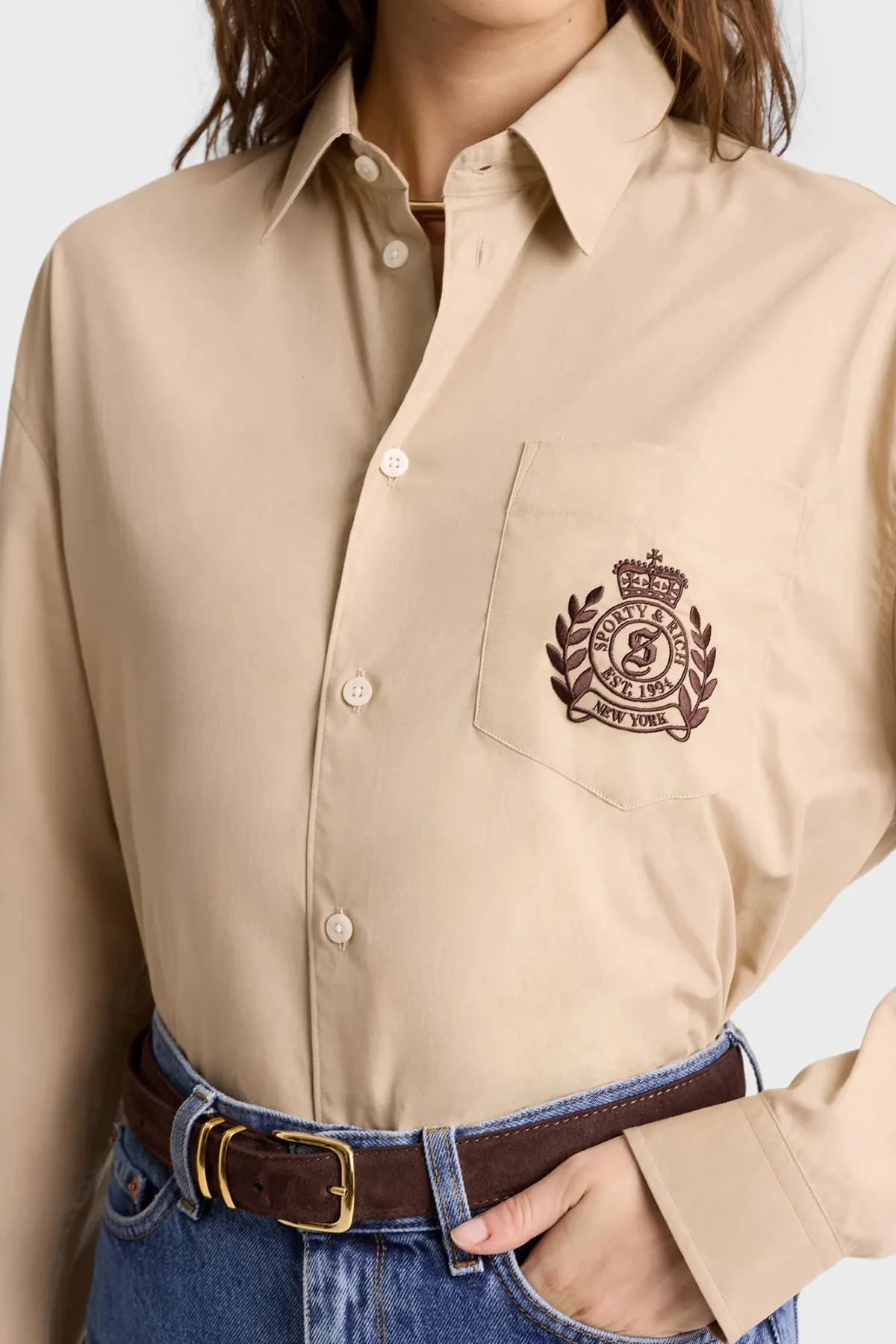 Womens Sporty & Rich H&W Crest Oversized Shirt - Light tan