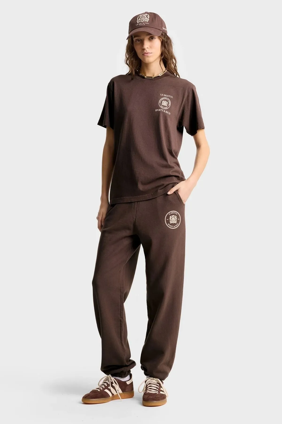 Womens Sporty & Rich Sporty & Rich Bristol Crest 100th Sweatpant - Chocolate/ Cream