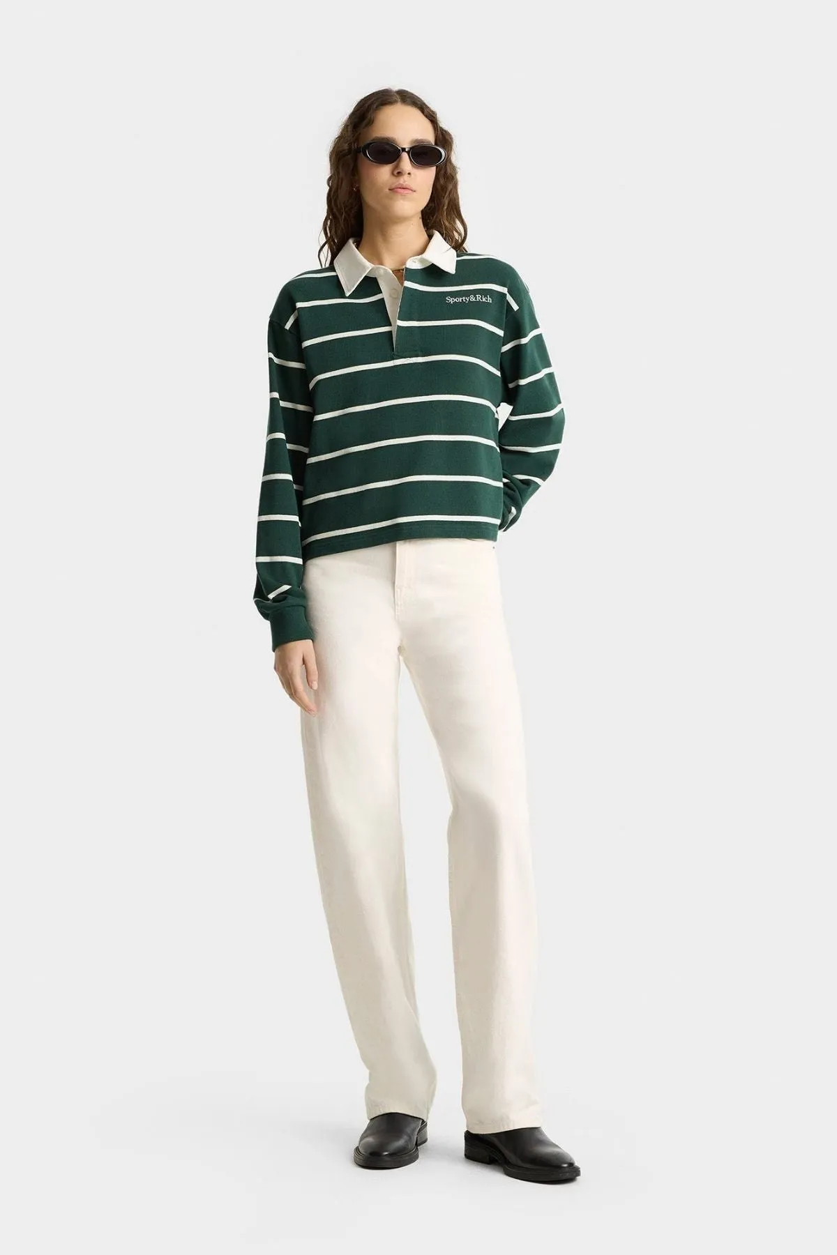 Womens Sporty & Rich Sporty & Rich Cropped Rugby Polo - Forest/White