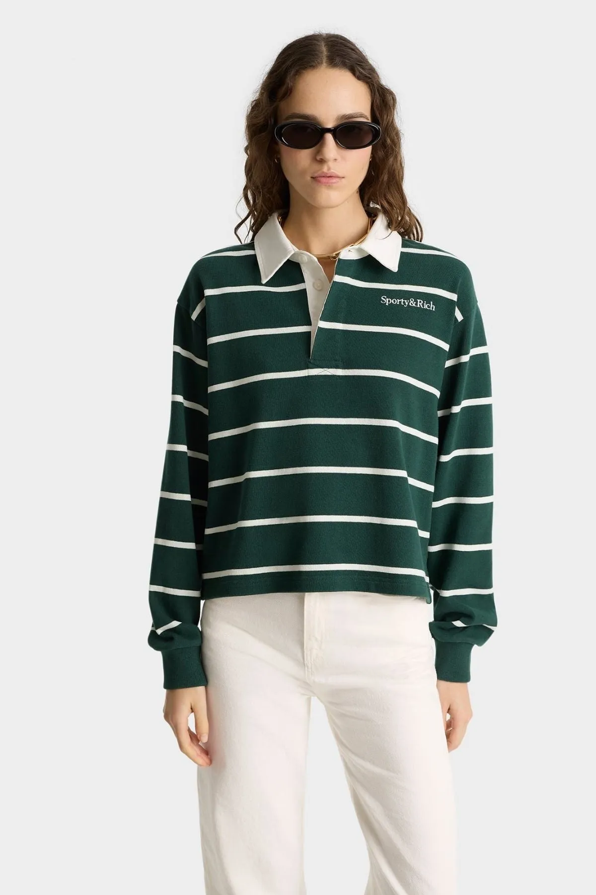 Womens Sporty & Rich Sporty & Rich Cropped Rugby Polo - Forest/White