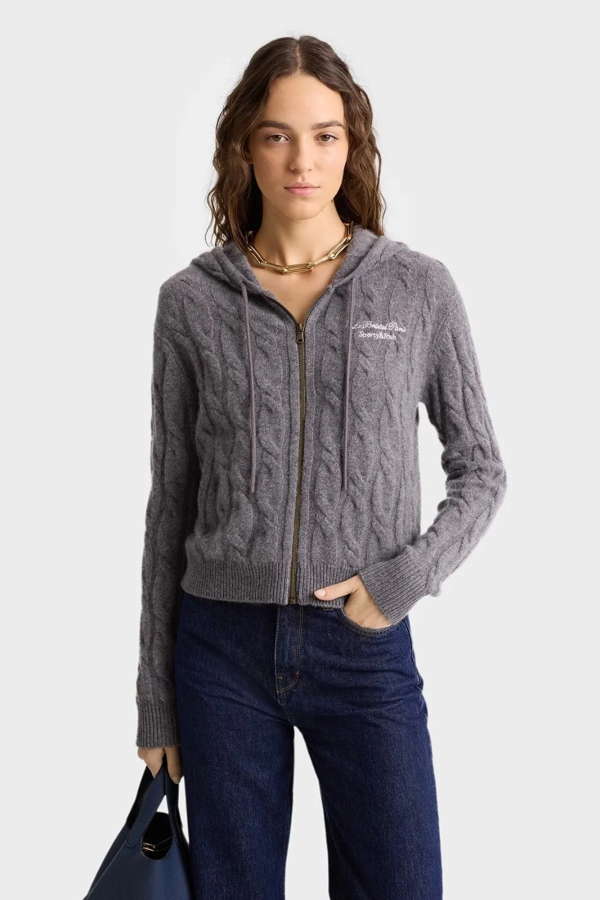 Womens Sporty & Rich Sporty & Rich Faubourg Cashmere Zip Hoodie - Dark Grey/ White