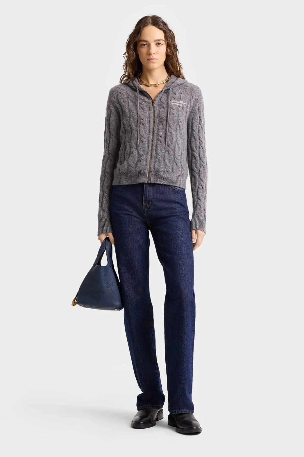 Womens Sporty & Rich Sporty & Rich Faubourg Cashmere Zip Hoodie - Dark Grey/ White