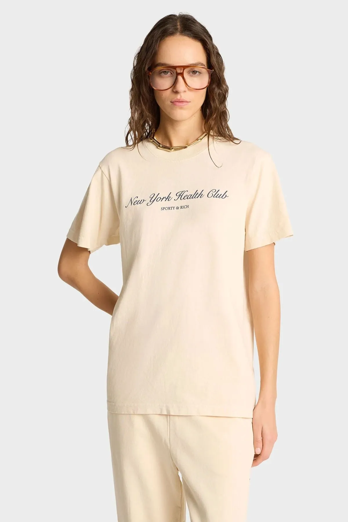 Womens Sporty & Rich Sporty & Rich NY Health Club T-Shirt - Cream/ Navy