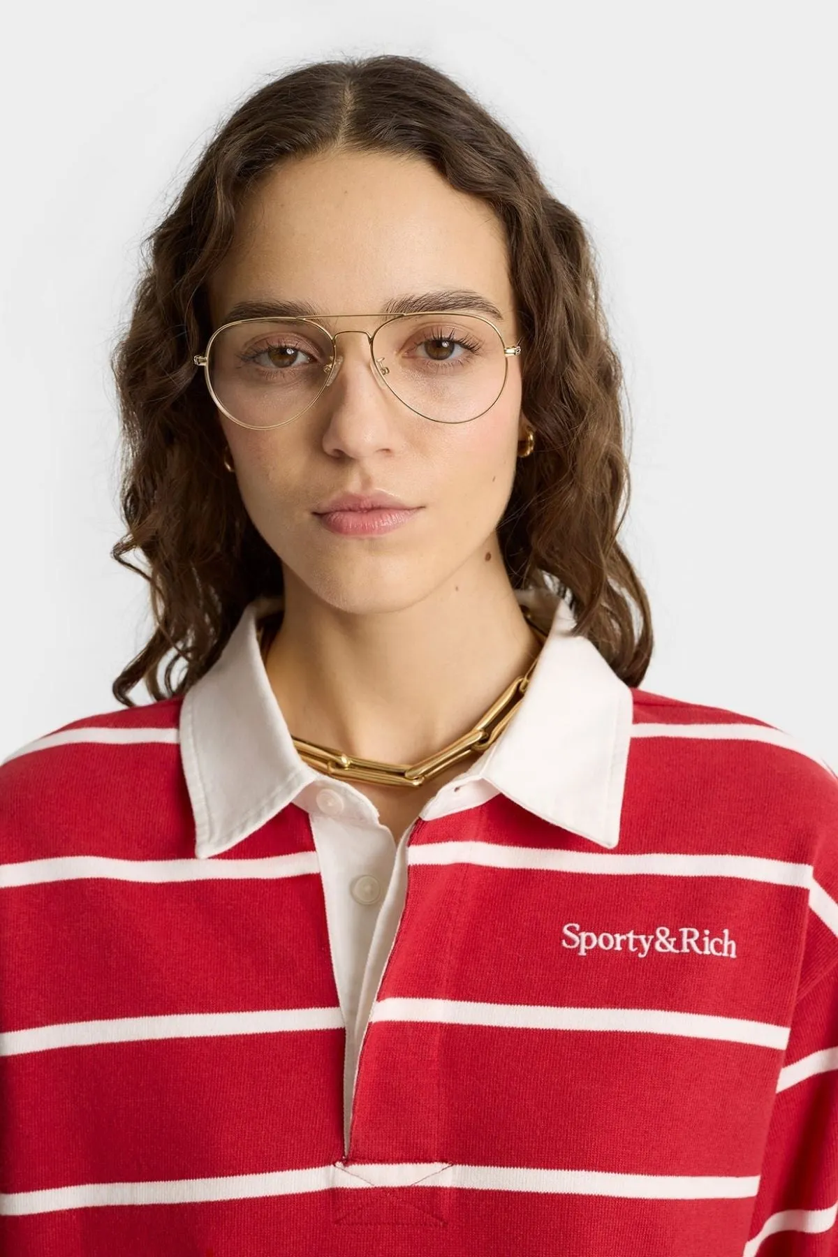 Womens Sporty & Rich Sporty & Rich Serif Logo Cropped Rugby Polo - Ruby/White