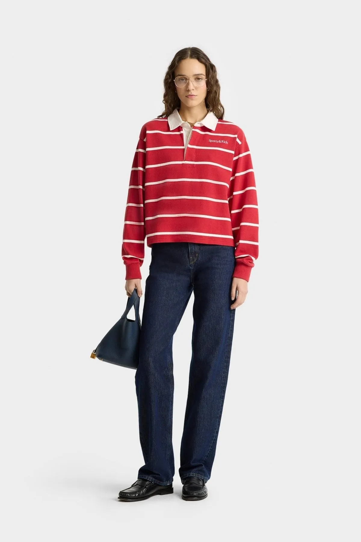 Womens Sporty & Rich Sporty & Rich Serif Logo Cropped Rugby Polo - Ruby/White
