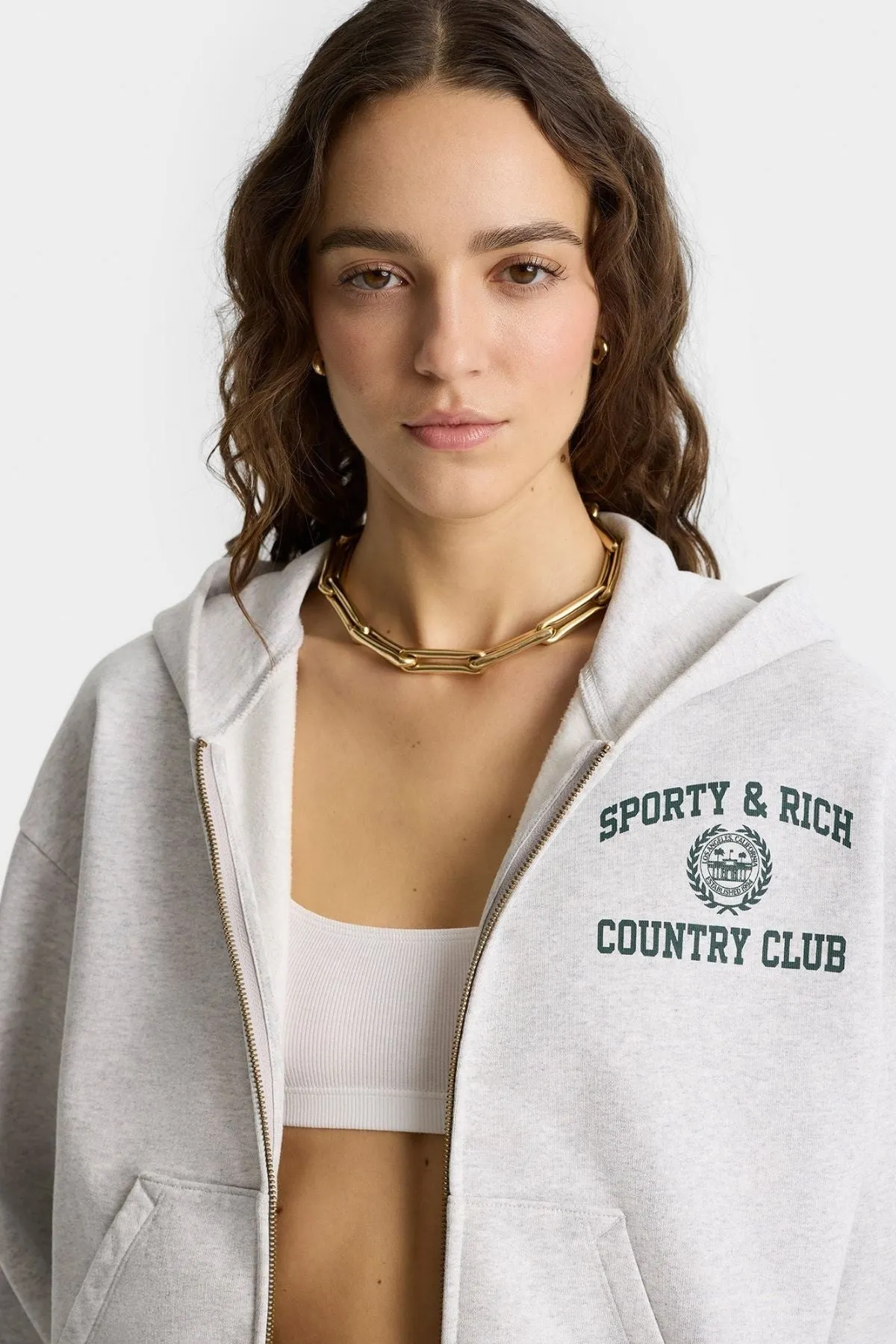 Womens Sporty & Rich Sporty & Rich Varsity Crest Cropped Zip Hoodie - Heather Grey