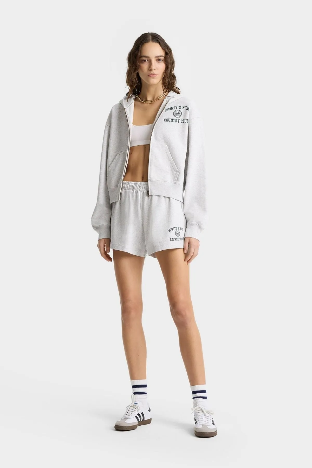 Womens Sporty & Rich Sporty & Rich Varsity Crest Cropped Zip Hoodie - Heather Grey