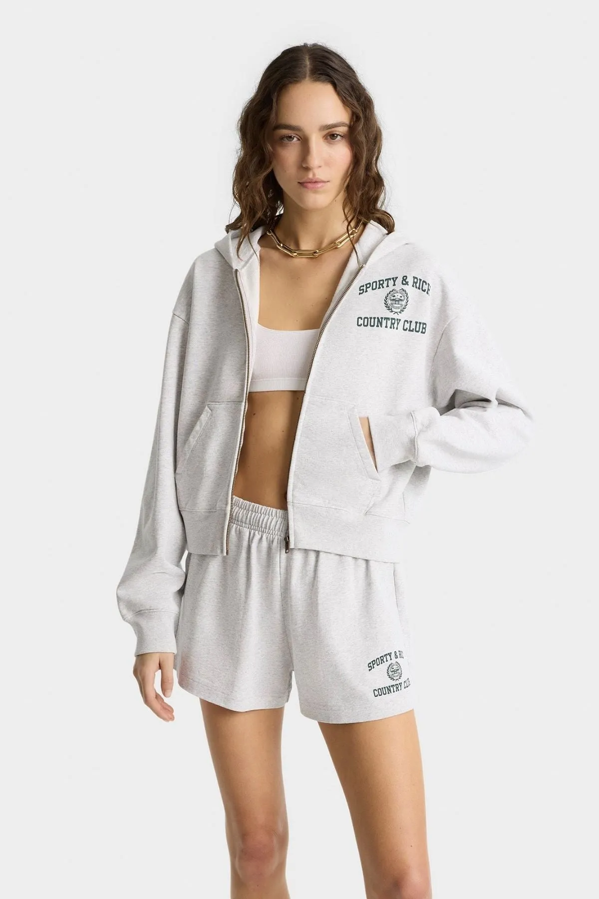 Womens Sporty & Rich Sporty & Rich Varsity Crest Cropped Zip Hoodie - Heather Grey