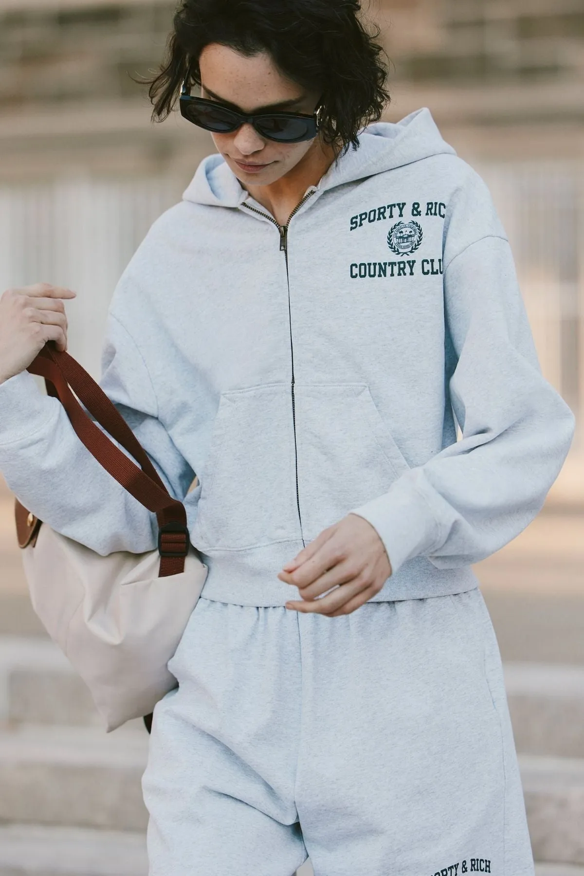 Womens Sporty & Rich Sporty & Rich Varsity Crest Cropped Zip Hoodie - Heather Grey