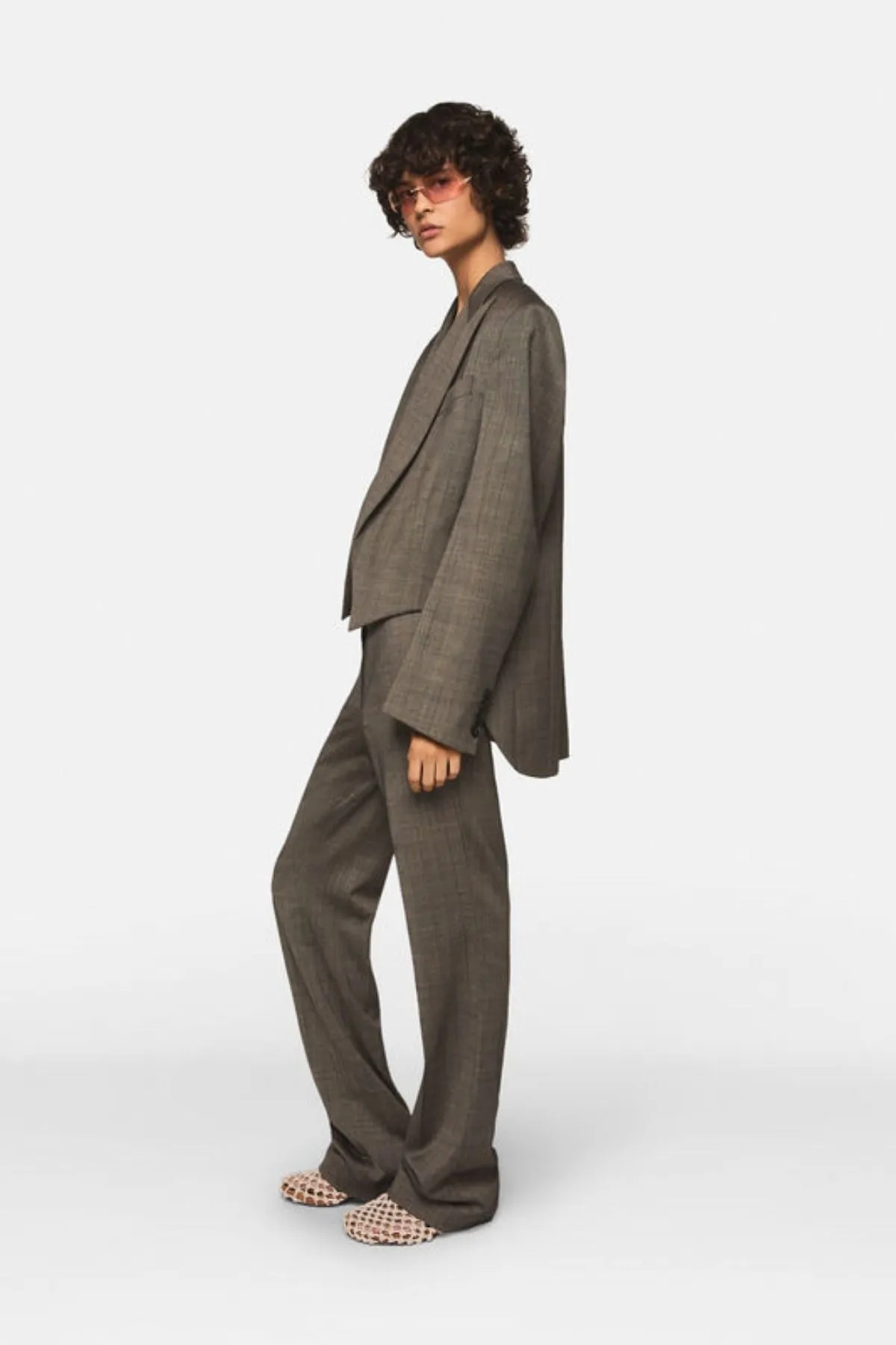 Womens Stella Mccartney Stella McCartney Checked Straight-Leg Wool Trousers - Stone