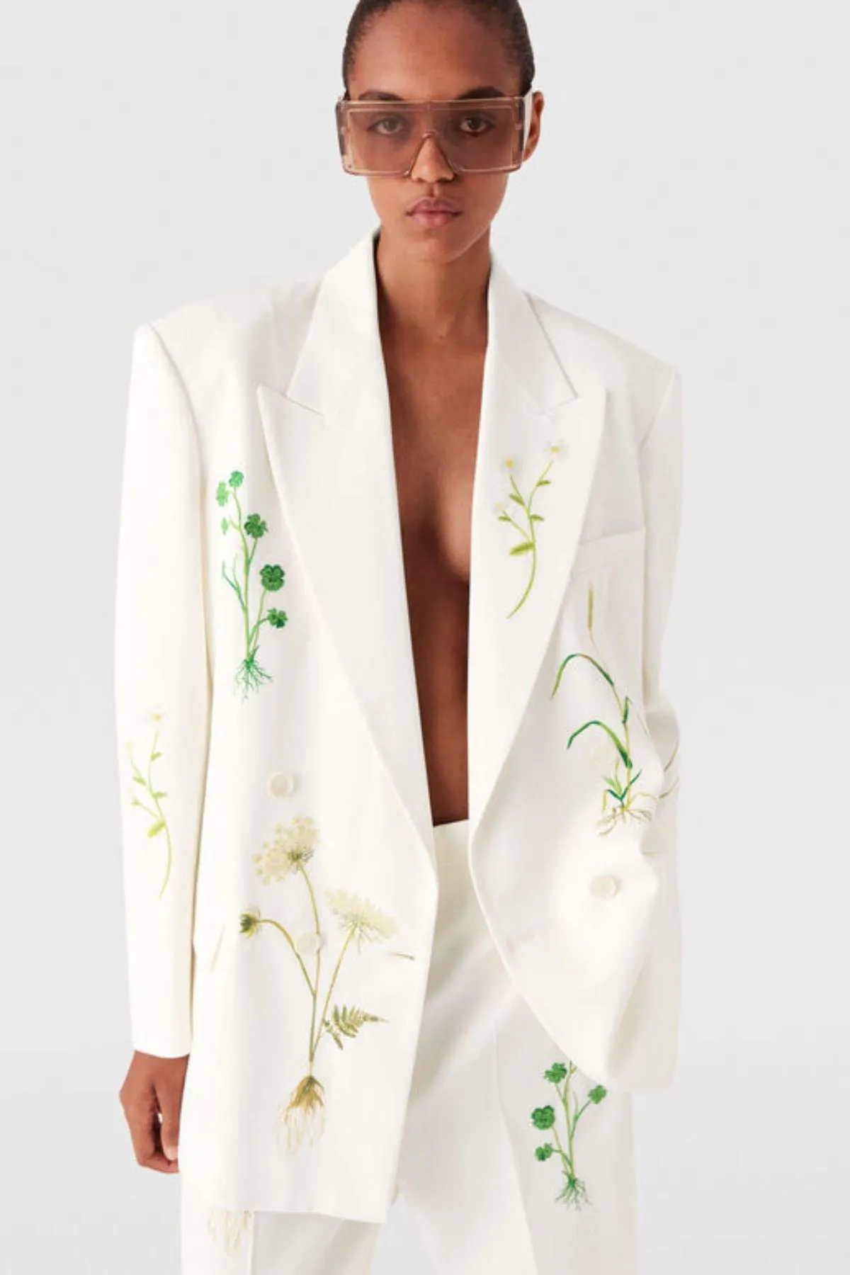 Womens Stella Mccartney Stella McCartney Floral Double Breasted Blazer - Cream