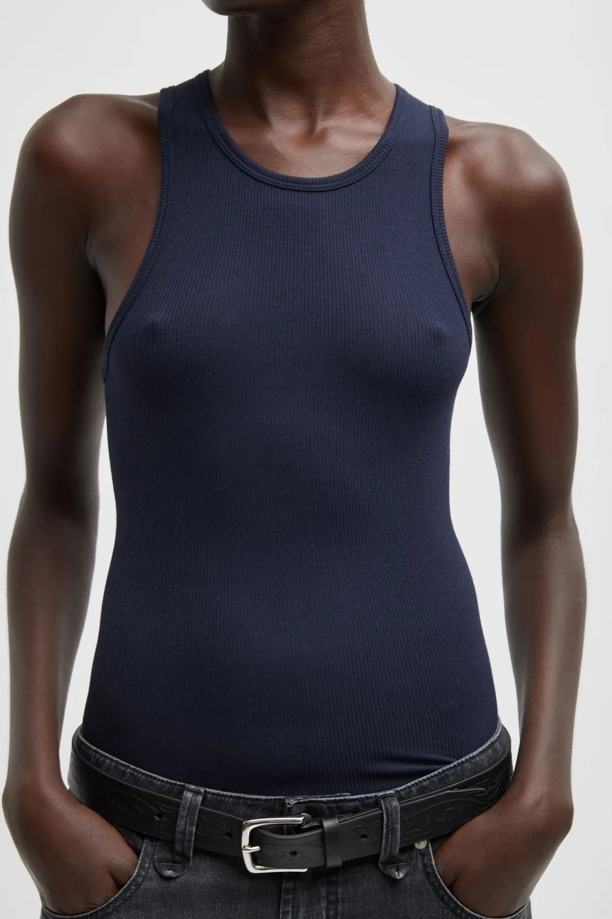 Womens Tibi Tibi Circular Fine Rib T-Shirt Tank - Navy
