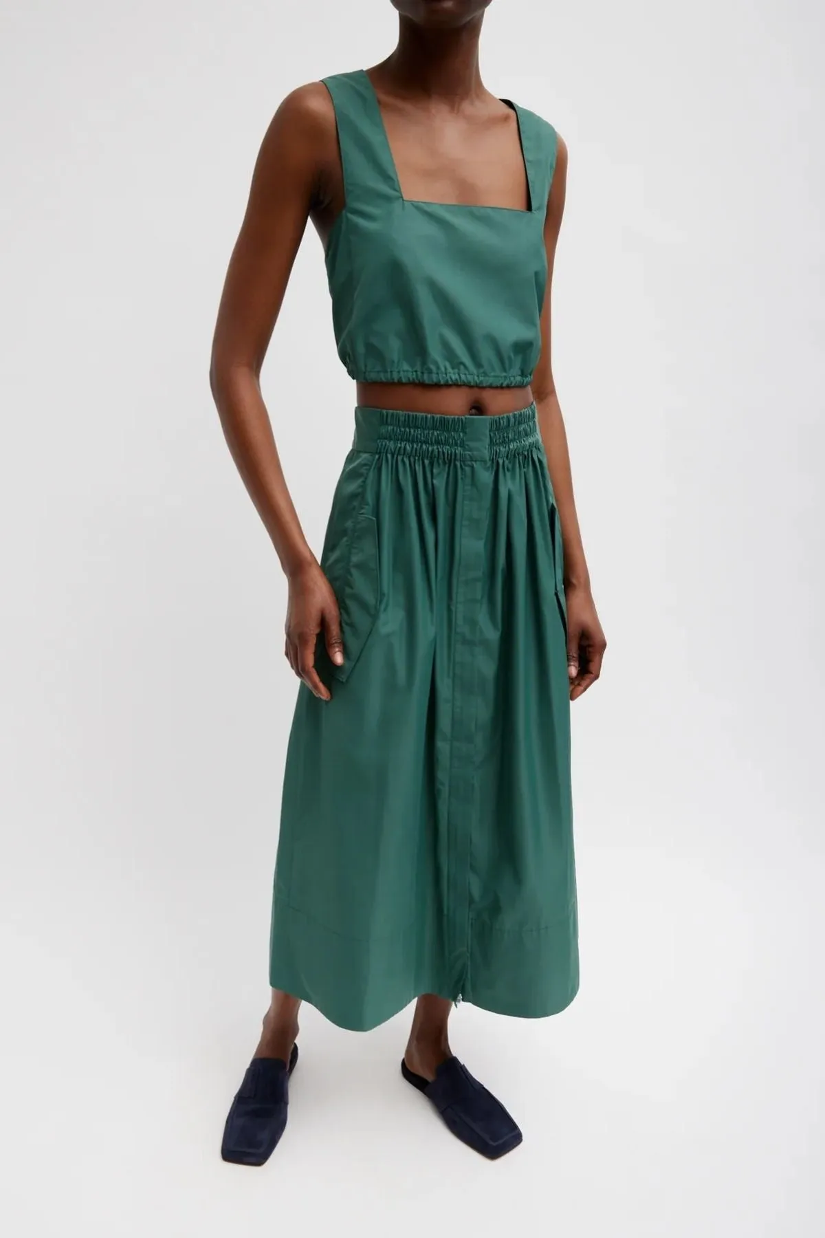 Womens Tibi Tibi Italian Sporty Nylon Cropped Square Neck Top - Dark Hunter Green
