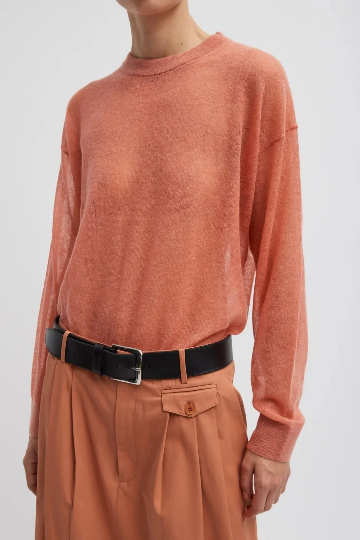 Womens Tibi Tibi Sheer Sweater Crewneck Easy Pullover - Pink Clay