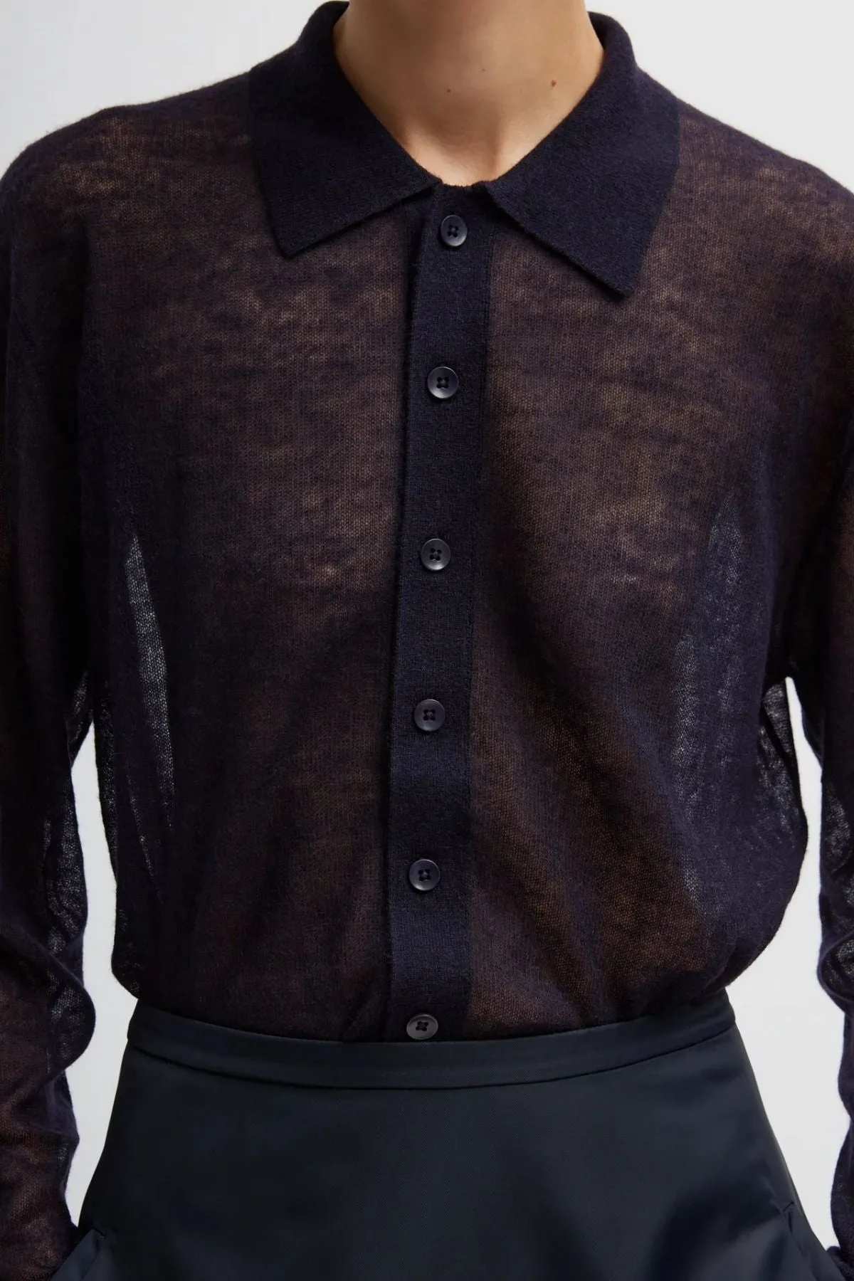 Womens Tibi Tibi Sheer Sweater Polo Button Cardigan - Dark Navy