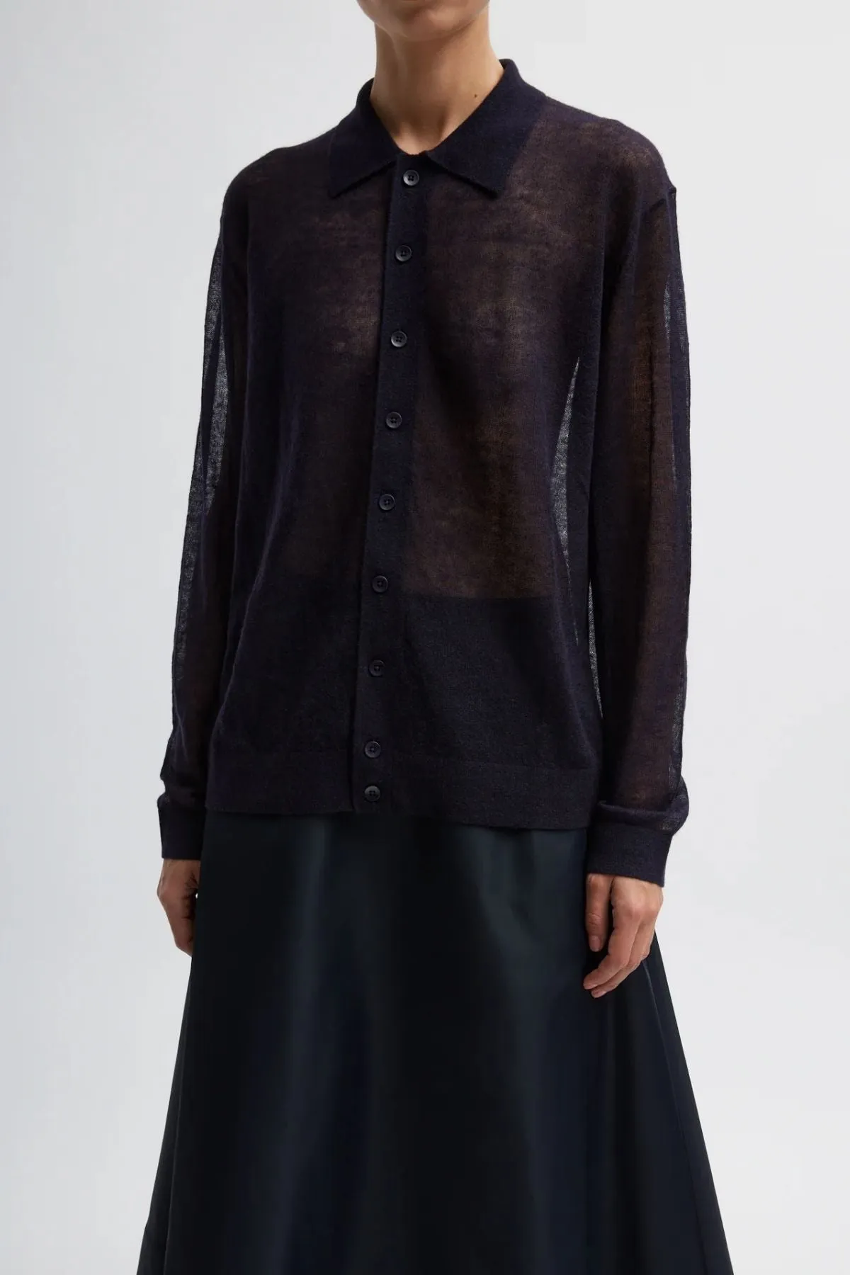 Womens Tibi Tibi Sheer Sweater Polo Button Cardigan - Dark Navy