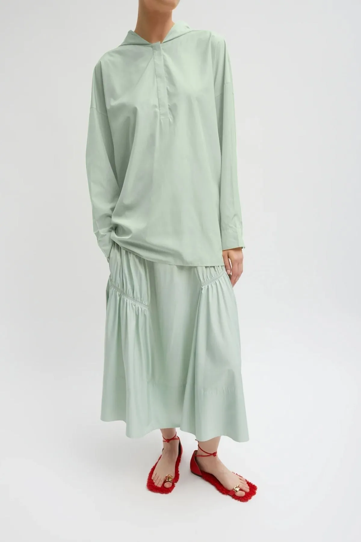 Womens Tibi Tibi Shirred Nylon Hoodie - Lido Green