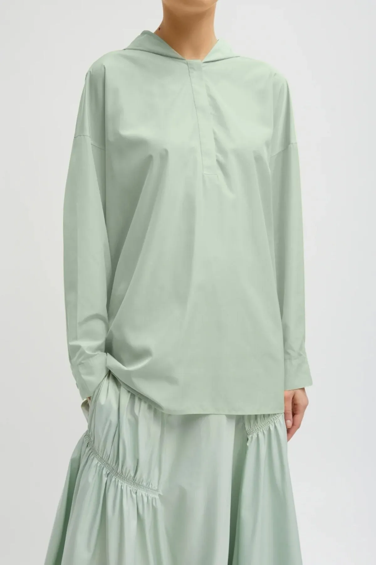 Womens Tibi Tibi Shirred Nylon Hoodie - Lido Green