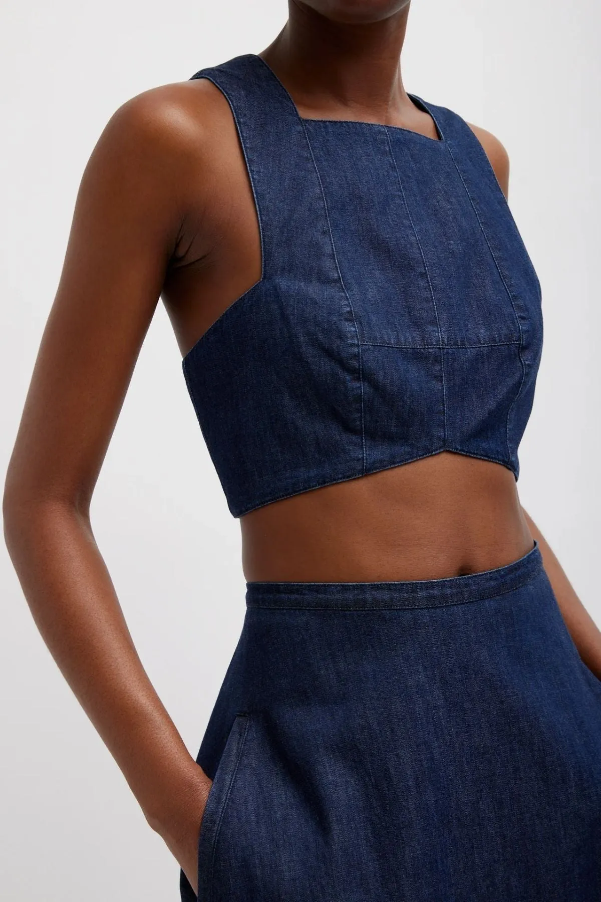 Womens Tibi Tibi Summer Denim Square Neck Cropped Top - Indigo