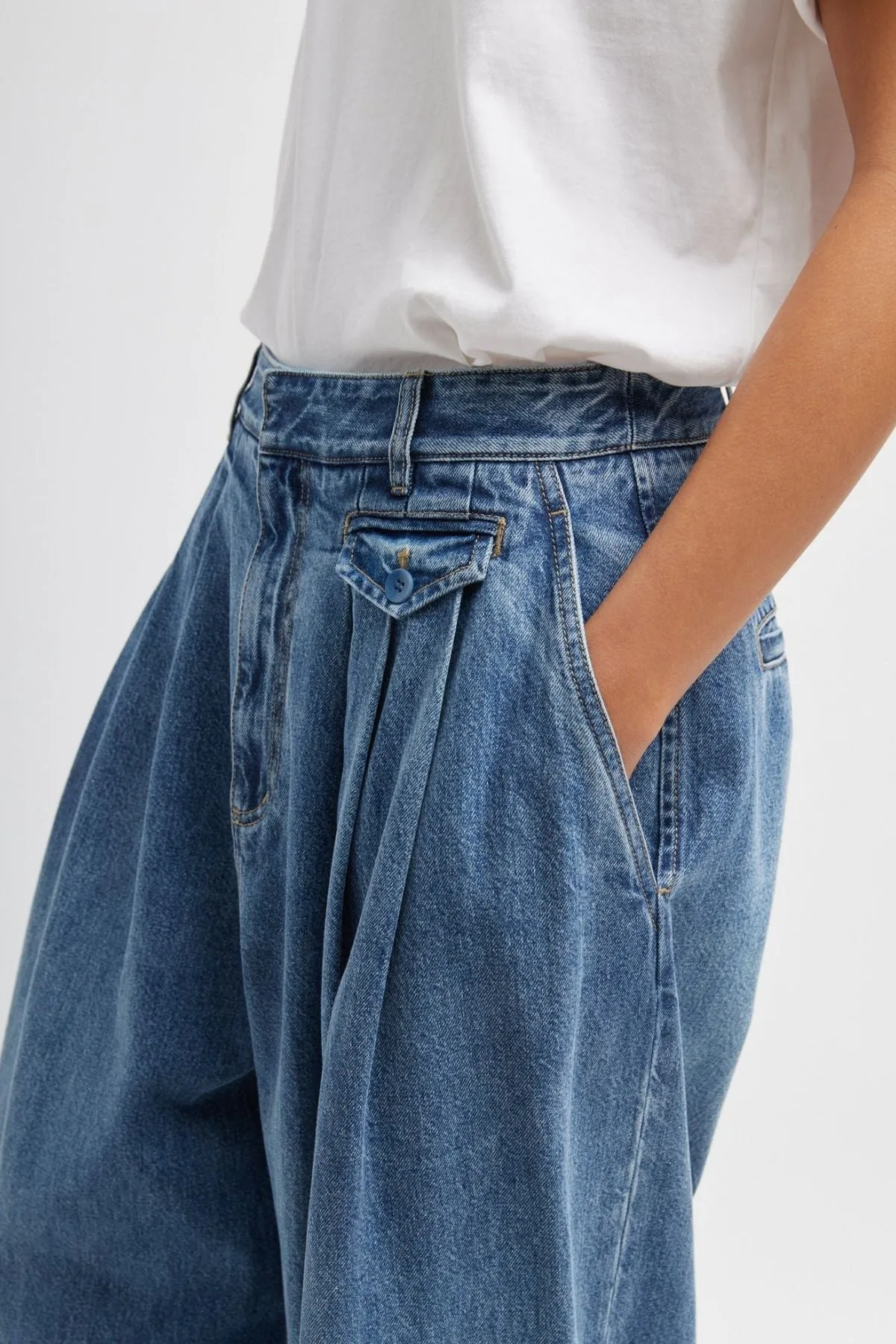 Womens Tibi Tibi Triple Pleat Spring Denim Pant - Classic Blue