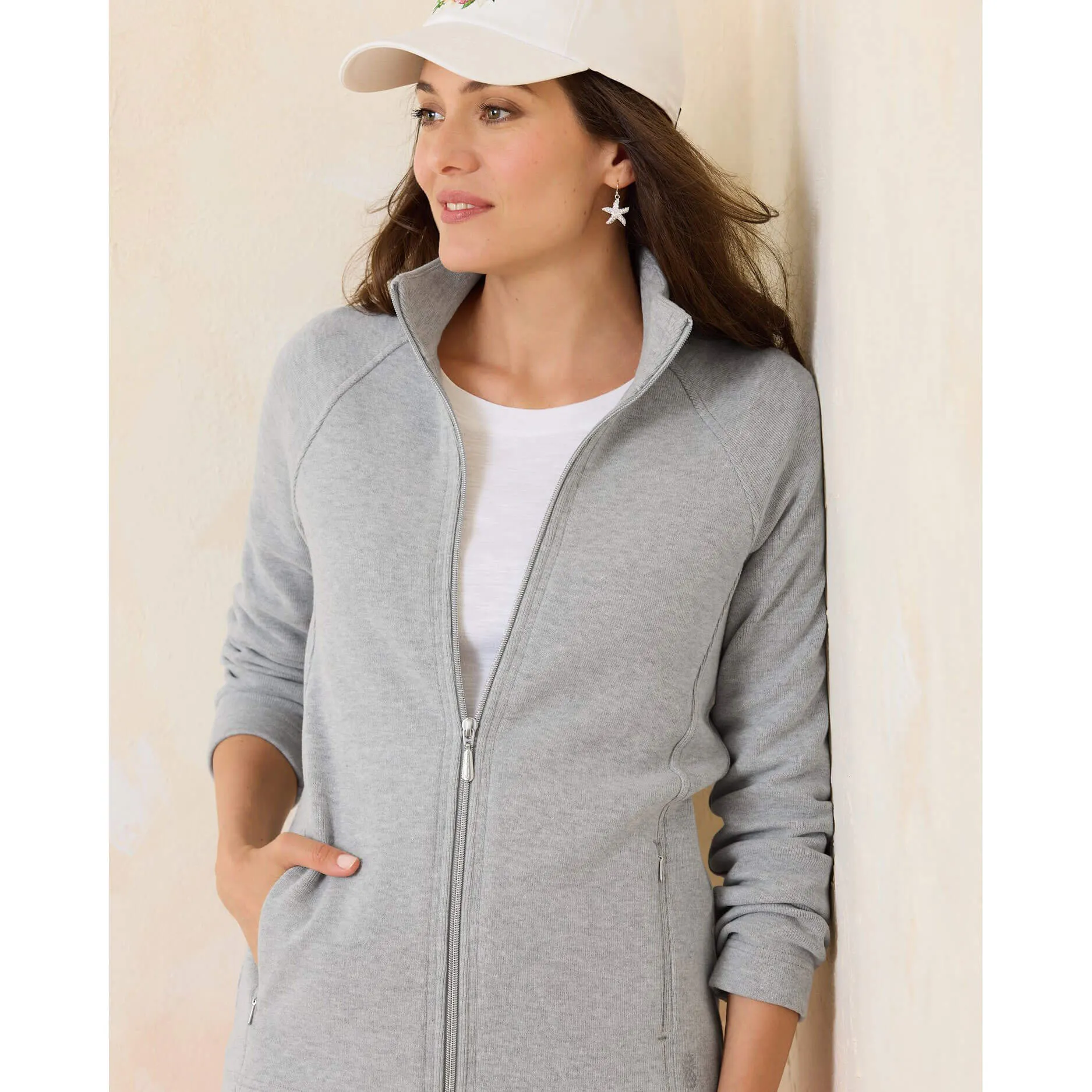 Womens Tommy Bahama Sportswear Tommy Bahama Women's New Aruba Full Zip Sweatshirt - Fossil Grey Heather