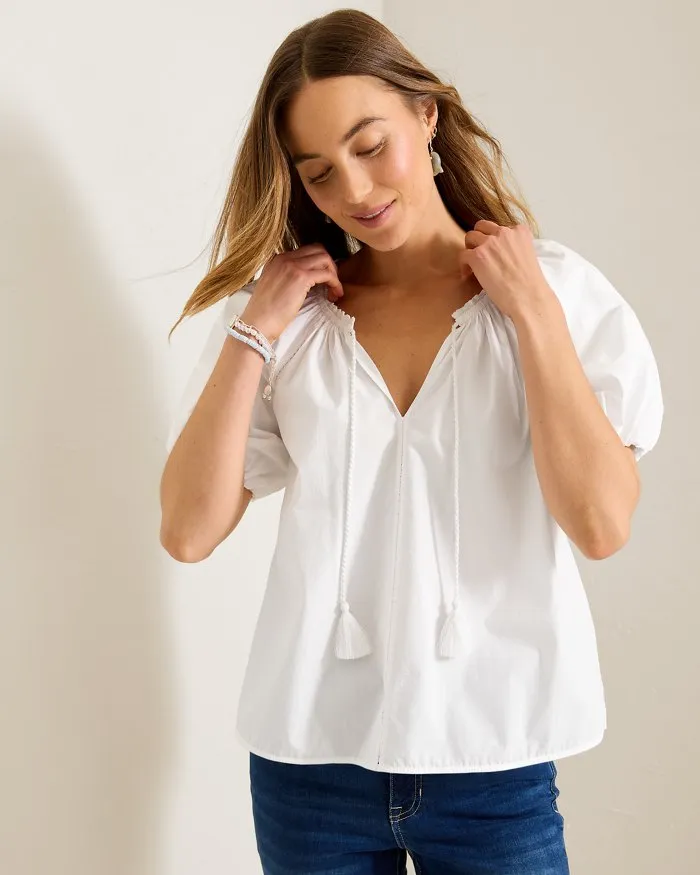 Womens Tommy Bahama Sportswear Tommy Bahama Women's Oceana Puff Short Sleeve Split Neck Top - White