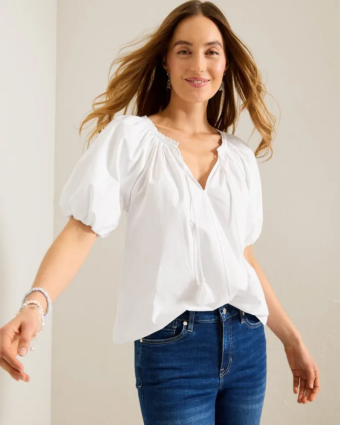 Womens Tommy Bahama Sportswear Tommy Bahama Women's Oceana Puff Short Sleeve Split Neck Top - White