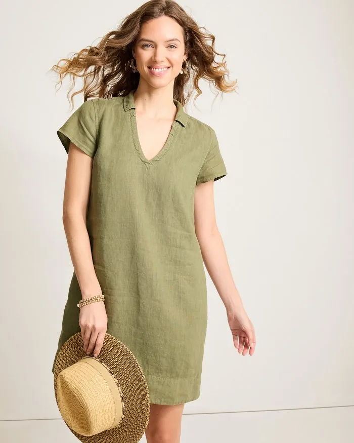 Womens Tommy Bahama Sportswear Tommy Bahama Women's Two Palms Ss Collared Linen Dress - Dark Fern