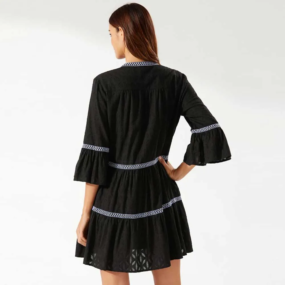 Womens Tommy Bahama Swimwear Tommy Bahama Cotton Clip Embroidered Tier Dress Cover Up - Black