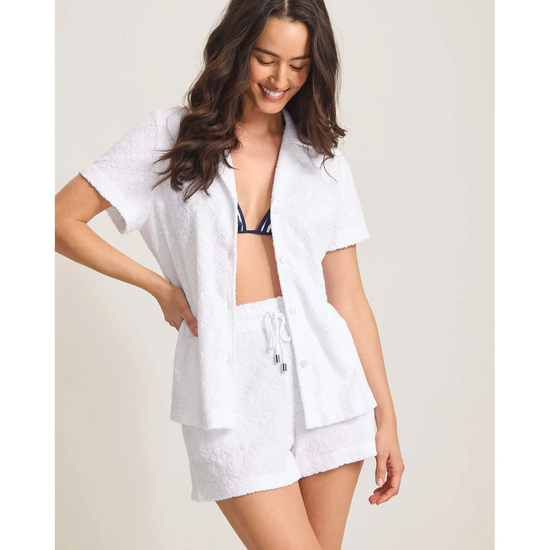 Womens Tommy Bahama Swimwear Tommy Bahama Textured Spa Terry Camp Shirt Cover Up - White