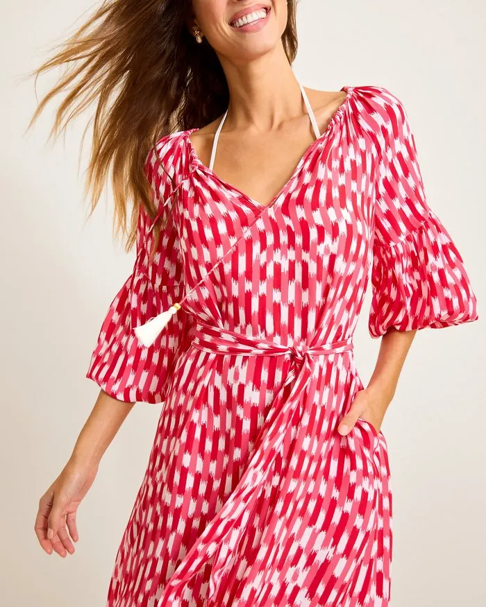 Womens Tommy Bahama Swimwear Tommy Bahama Womens Ikat Stripe Midi Dress Coverup - Red Hibiscus