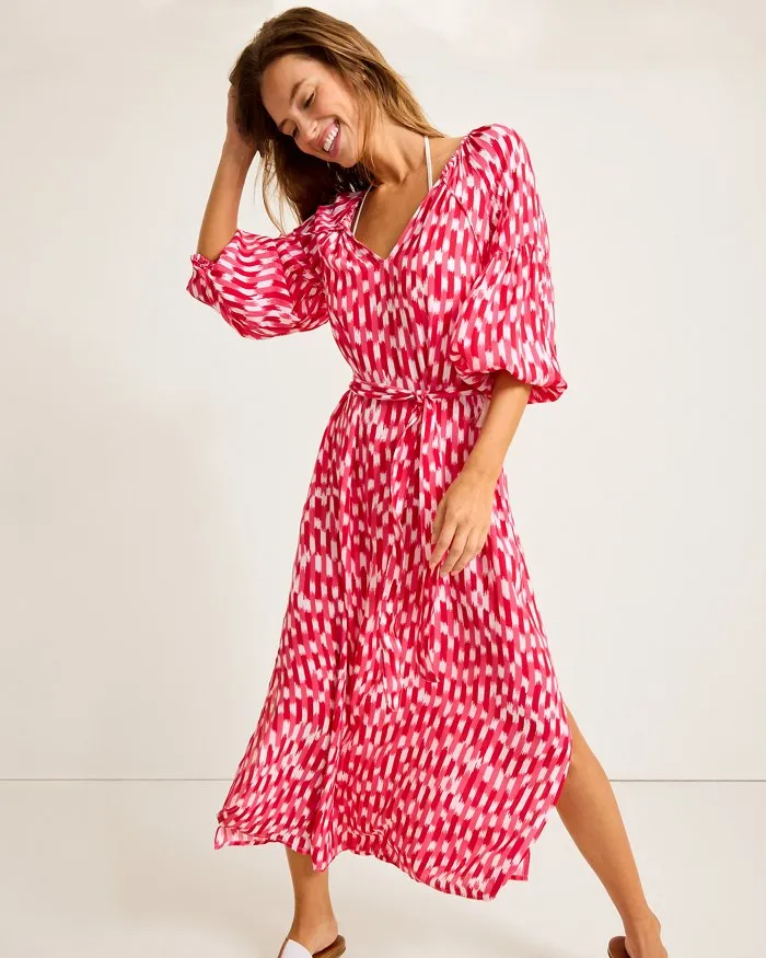 Womens Tommy Bahama Swimwear Tommy Bahama Womens Ikat Stripe Midi Dress Coverup - Red Hibiscus