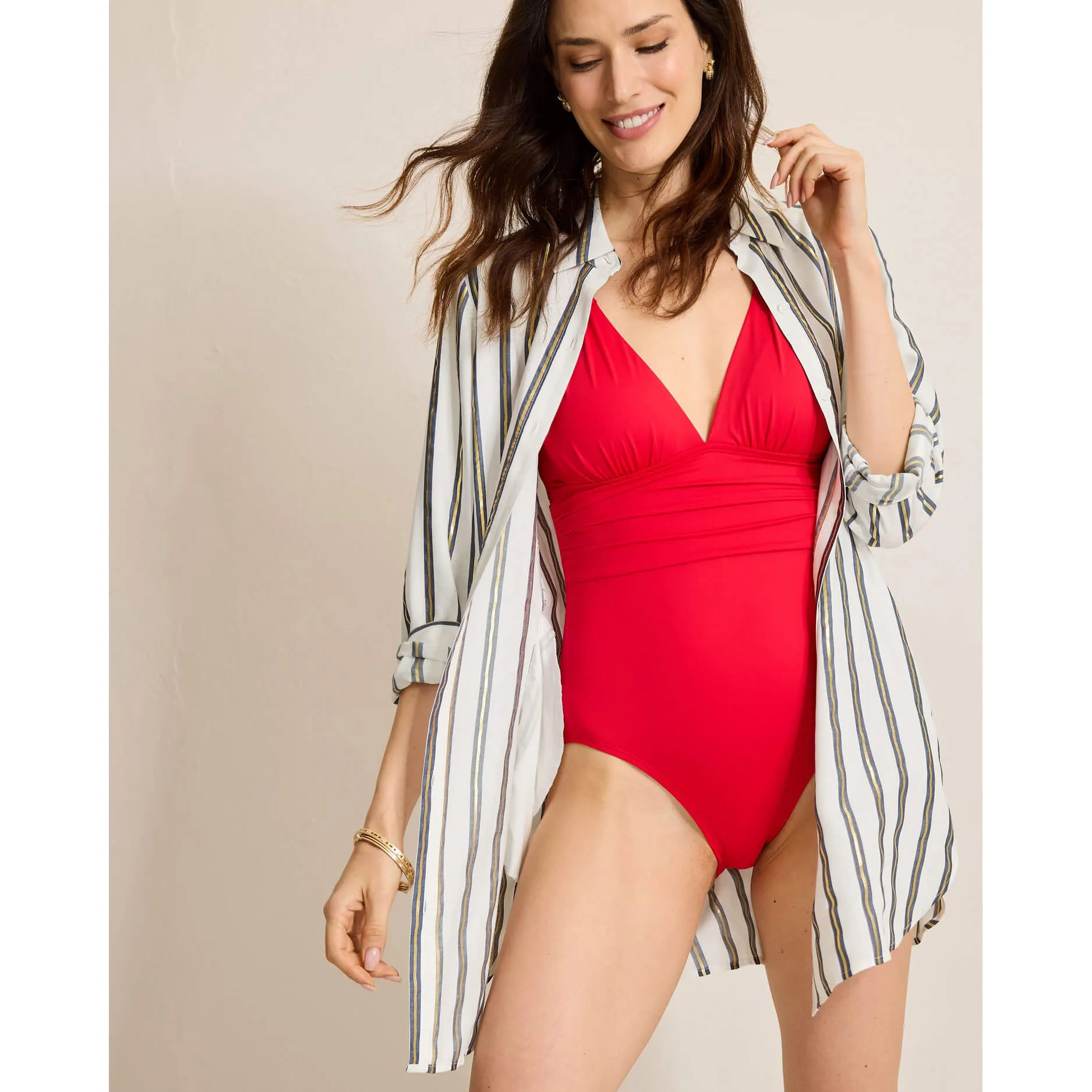 Womens Tommy Bahama Swimwear Tommy Bahama Womens Shimmer Stripe Boyfriend Shirt Coverup - Mare Navy