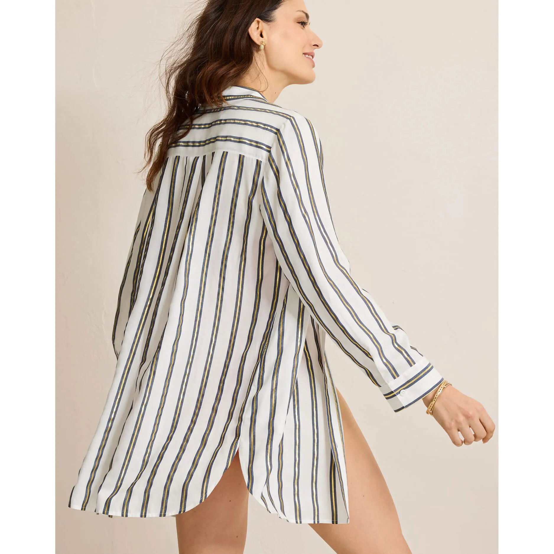 Womens Tommy Bahama Swimwear Tommy Bahama Womens Shimmer Stripe Boyfriend Shirt Coverup - Mare Navy